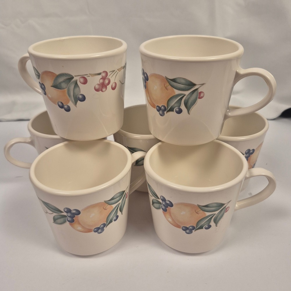 Corning Ware Fruit Pattern Coffee Mugs Set of 7 Cream‎ Ceramic Cups Vintage